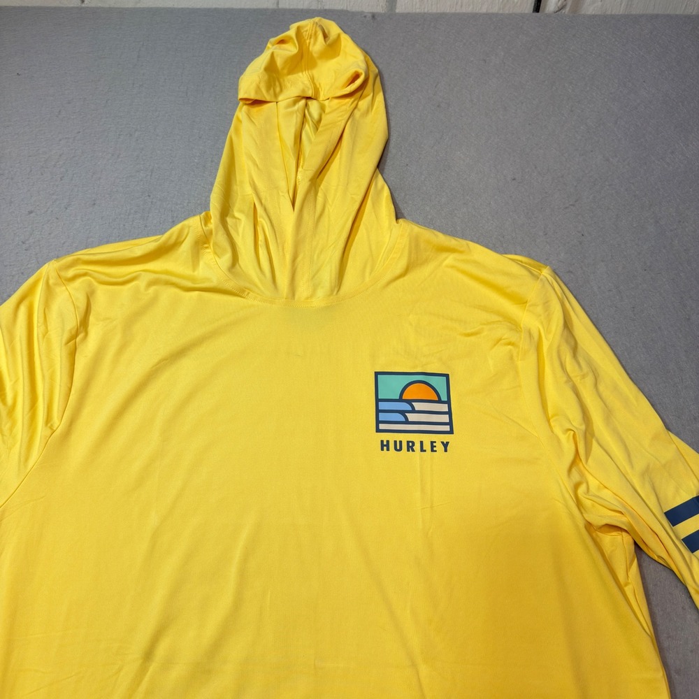 Hurley Sun Shirt Mens XL Yellow Long Sleeve Hooded Graphic Logo Athletic Hoodie